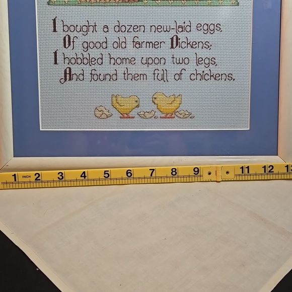 Framed Cross Stitch Bunny with Basket and Chickens - Pastel Blue Mat. 13" × 15" - Picture 4 of 8